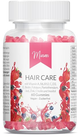 HAIR CARE - Haar Vitamin Gummies - 60 Gummies - Hochdosiert - mit Biotin, Zink, B-Vitaminen & mehr - 100% Vegan & Zuckerfrei | Herstellung & Laborprüfung in Deutschland | MIOSAN® CLUB