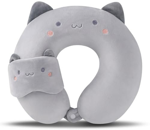 Travel Pillow Kids Travel Pillow with Sleep Eye Mask Cute Neck Pillow for Travel Soft Memory Foam Travel Neck Pillow for Adults and Kids Airplane Sleeping Travel and Camping (grey cat)