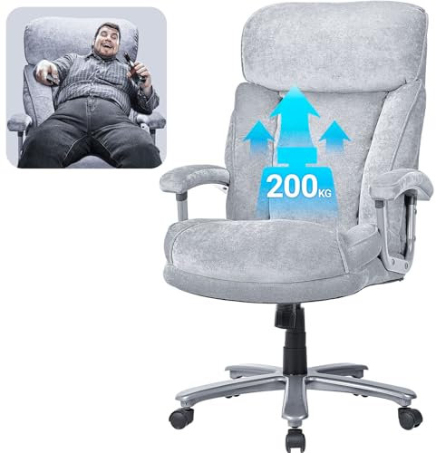 BASETBL Bürostuhl 200kg mit Dicker Polsterung, Chefsessel hat Gepolstert Hoher Rückenlehne und Armlehne, Schreibtischstuhl mit Kopfstütze, Höhenverstellbarer, Wippfunktion, 360°Drehbare,Samt Grau