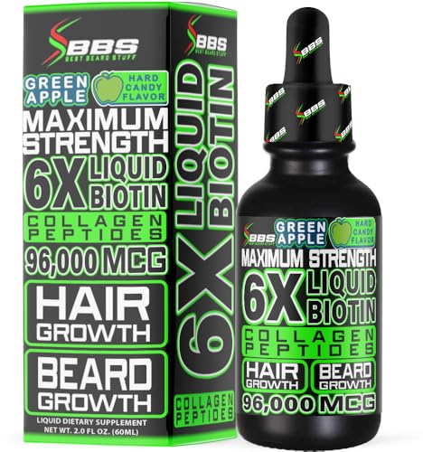 Liquid Biotin Collagen Peptides for Beard Growth and Thickening - Men's Beard and Hair Growth Supplement - Biotin Liquid Drops 96,000mcg 6X More Absorption