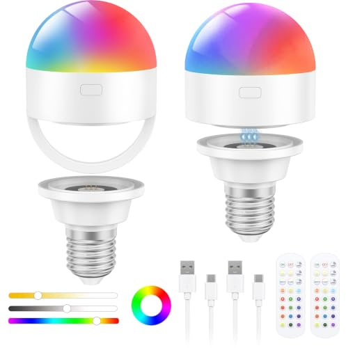 Oumida 2 x USB-C-uppladdningsbara LED-lampor med fjärrkontroll, E27 RGB färger med batteri, 3 W Touch Control med timerfunktion, nödljus med magnet (vit x 2)