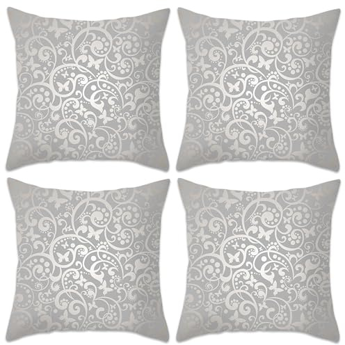Betadistor Throw Pillow Covers 18 x 18 inch Silver Floral Cushion Covers 45cm x 45cm Soft Polyester Square Throw Pillow Case for Living Room Sofa Couch Bed Set of 4, Silver Floral, 505-0104