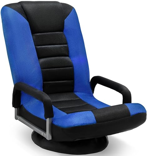 Maple99 Swivel Gaming Floor Chair - Enjoy 6 Different Positions, Adjustable Lumbar Support, Removable Polyester Cover & Arm Rests, Folds to Store, Stylish Blue with Black Center Stripe