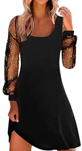 FNKDOR Robe Femme Chic et Elegant Robe Col en V Dentelle Transparente Manches Longues Robe Paillette Courte Robe Moulante Cocktail Clubbing Robe de Soiree Festive Party 2025(Le Noir,L)