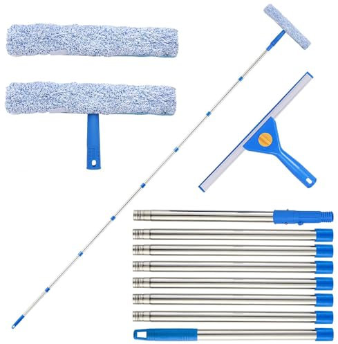BIZOI 3.2m Window Squeegee Cleaner Tool Kit with Long Handle, 2 in 1Extendable Window Cleaning Pole,Telescopic Window Squeegee Cleaner Kit for High Windows, Shower Glass, Car, RV