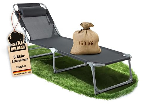BigDean Sonnenliege klappbar mit Kopfkissen extra hoch dunkelgrau 150 kg belastbar - hochwertige Gartenliege für Balkon, Garten & Strand