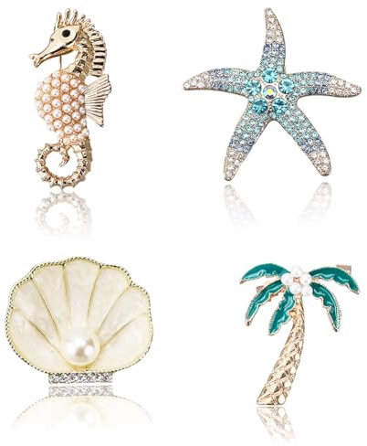 CABODYALS 4 spilla di Perle con Strass Dorati Motivo: Cavalluccio Marino Estivo Scintillante Stelle Marine Conchiglie Piante Spille Multi Stile con Cristalli Tema Oceano Animali per Donne e Uomini Abi