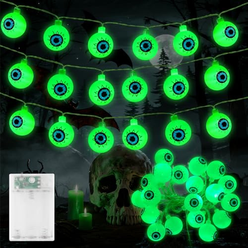 TaimeiMao Halloween Bulbo Oculare Luci Stringa, 20 LEDs Halloween Bulbo Oculare Luminosa, HaLloween Luci Stringa Verde, Decorazioni di HalLoween per Aperto Interno Prato Terrazza Festa Balcone