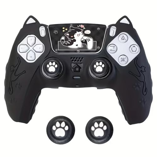 Mignonne coque en silicone sur le thème des chats pour manette PS5 avec poignées de pouce et autocollants pour le pavé tactile - Ensemble de housse de protection souple et confortable, antidérapant