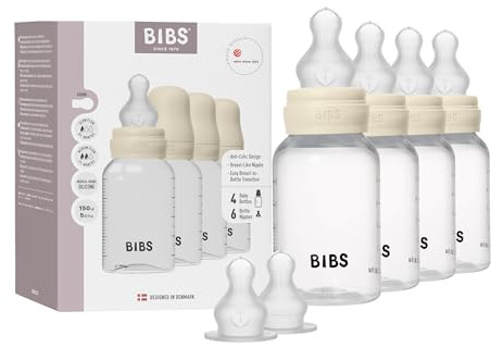 BIBS Baby Plastic Bottle 4-Pack 150ml. Anti-Colic. Round Silicone Teat. Supports Natural Breastfeeding, Complete Set - 150 ml (Pack of 4 + 2 Extra Teats), Ivory