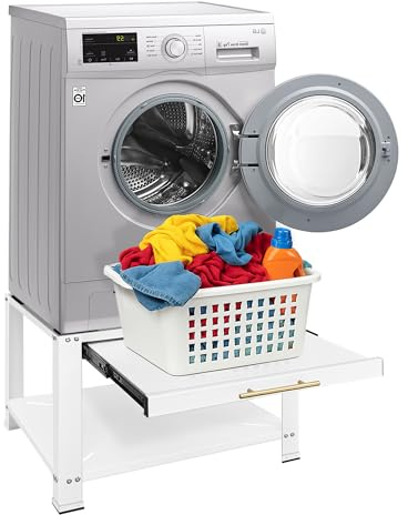 Royxen Washer and Dryer Pedestals with Drawer, 29 W x 29 D x 19.5 H Metal Heavy Duty Laundry Pedestal, Universal Washing Machine Stand for Basket Shelf, 850lbs Capacity, White