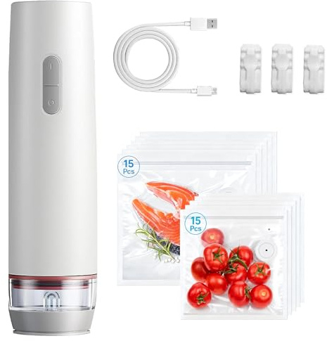 Vakuumförpackare, mini handdammsugare, vakuumtätare för livsmedel med 30 återanvändbara vakuumpåsar, bärbar vakuumpump med USB-laddning för torr eller fuktig mat