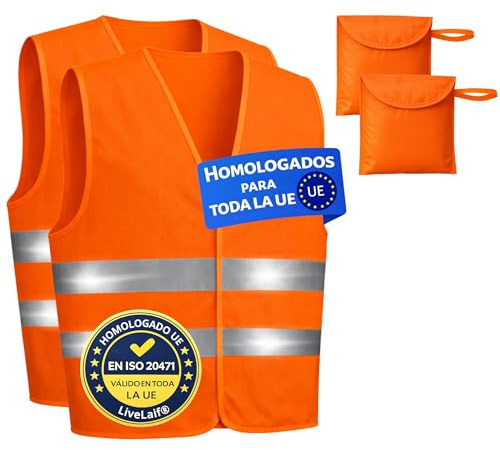 LiveLaif Pack 2 Chaleco Reflectante Homologado DGT ISO 20471 + 2 Fundas Incluidas | Chalecos Reflectantes Homologados | Chaleco Reflectante Coche Naranja Alta Visibilidad | Talla Única Unisex