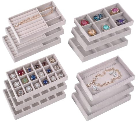 Hanlintk 12 bandejas organizadoras de joyas de terciopelo | Insertos apilables para cajones con separadores extraíbles | Almacenamiento de joyas para pendientes, anillos, collares y pulseras (12)
