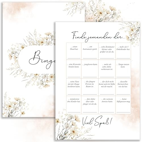 50 x bingo-kort, fest, födelsedag, årsdag, bröllop, bingo, bröllop, beige, boho, blommor, rolig, bröllopsspel, bröllopsspel för gäster, brudpar, spel, bröllopsdekoration, bröllopsfest