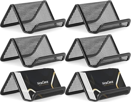 MaxGear Business Card Holder, Metal Mesh Business Card Stand for Desk, 6 Pack Black Desktop Display Rack, Holds up to 50 Cards for Office