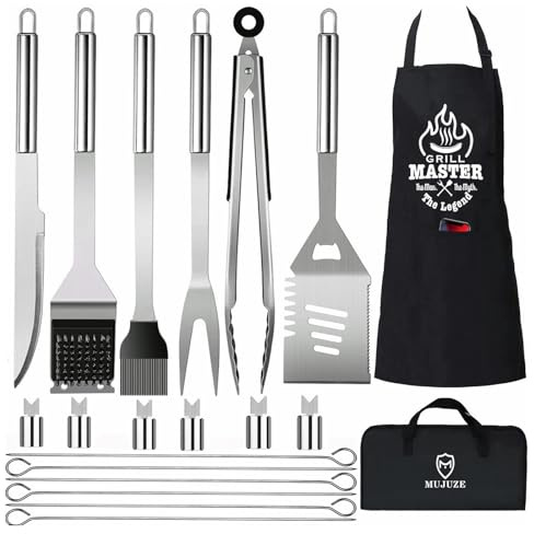 MUJUZE Grilling Accessories,Grill Utensils Set for Outdoor,Barbecue Tool Sets for Men,BBQ Accessories with Apron for Dad,Grill Tool Set,Grill Kit for Camping,Backyard