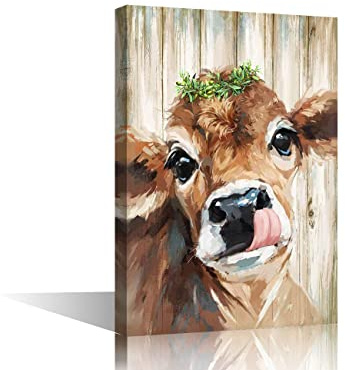 Cute Cow Prints Picture Oil Paiting Canvas Wall Art Prints Artwork for Bathroom Living Room Home Decor Framed Ready to Hang, 18x12in