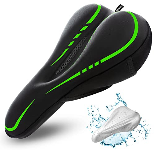 RONUX Narrow Bike Seat Cushion-Memory Foam & Gel Extra Comfort Pad Bicycle Saddle Cushions-Exercise Road Peloton Mountain Bikes-Comfy Cycling Accessories-Women, Men-Waterproof Rain Cover (Green)