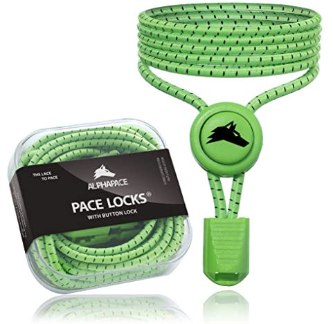 ALPHAPACE Pace Locks mit Button Lock Elastische Schnürsenkel, Schuhbänder ohne Schnüren, Slip-on Schnellverschluss für Sport, Jugend & ältere Menschen, 120 cm, 1-Paar in Neon-Green schwarze Streifen