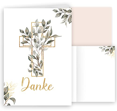 10 tarjetas de agradecimiento con sobre, tarjetas plegables, elegantes cruzadas, acuarela, delicada, para bautismo, comunión, confirmación, luto, hojas de oro verde para personalizar