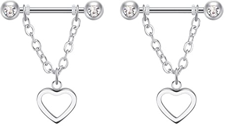 Longbeauty Piercing para pezón, 2 – 4 unidades, piercing para pezón, piercing íntimo, con colgante de acero inoxidable, circonitas, sol, luna, corazón, cadena, espiga, 14 g, Acero inoxidable