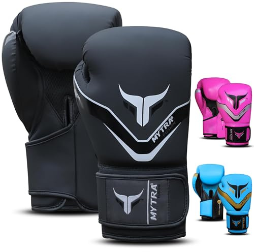 Mytra Fusion guantoni da boxe 10 oz 12 oz 14 oz 16 oz per l'allenamento di pugni sparring Muay Thai guantoni Uomini e donne guanti boxe (Black/Grey, 14-oz)