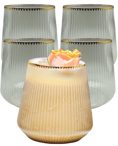 40 count 12 Ounce Ribbed Cups Origami Unbreakable Stemless Plastic Wine Champagne Whiskey Glasses Elegant Durable Disposable Indoor Outdoor Ideal for Home, Office, Bars, Wedding, Ripple (Gold Rim)