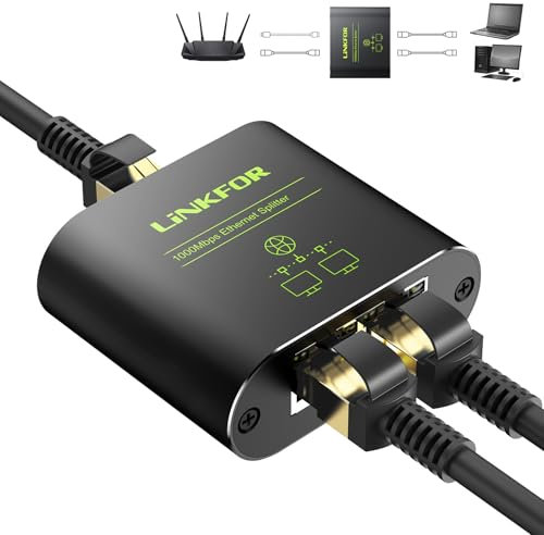 LiNKFOR Ethernet Splitter 1 to 2 Out 1000Mbps RJ45 Gigabit Ethernet Cable Splitter with USB Power for Cat 5e to Cat 8 Cables, 2 Port for Router, Computer, TV