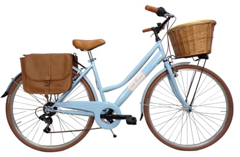 Cicli Tessari - bicicletta da donna bici da città city bike da passeggio 28'' con cambio vintage retro' cesto in vimini borse laterali (azzurro)