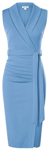 GRACE KARIN Vestido de tubo para mujer sin mangas con cuello chale hasta la rodilla con cinturón desmontable y elegante abertura, azul claro, 44