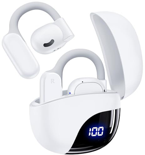 Auriculares de oreja abierta, 80 horas de reproducción, inalámbricos, con ganchos para los oídos, ligeros, aptos para gafas, Bluetooth 5.3 con estuche de carga de pantalla digital, IPX7, impermeables,