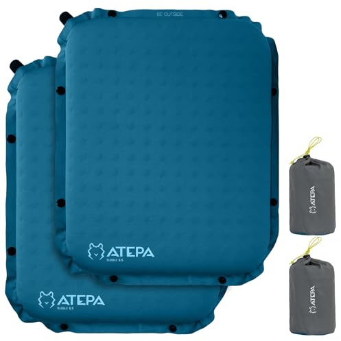 ATEPA Lot De 2 Coussins De Siège Gonflables Auto-Gonflants en Mousse avec Bouton D’Attache, Coussins D’Assise Gonflables pour Voyage, Avion, Stade, Camping, Randonnée, Bateau, Concert – Bleu