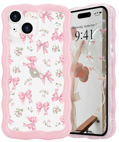 L-FADNUT Bow Case for iPhone 14, Curly Wavy Frame Cute Girly Bow Ribbon Pretty Phone Case, Soft Wave Clear Slim Silicone Shockproof Anti-scratch Cover for Women Girl, Rose