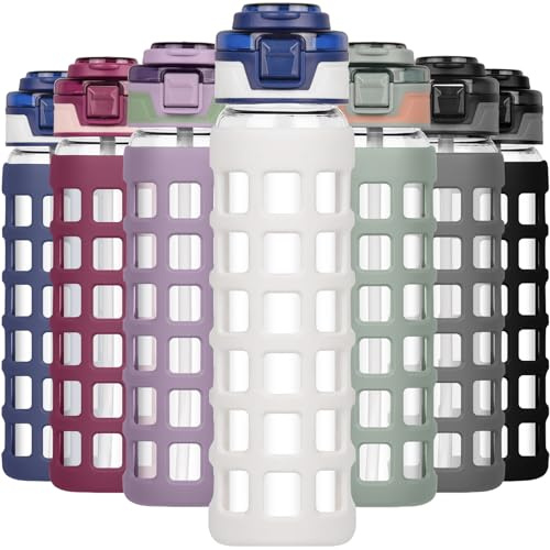 Ferexer Glass Water Bottle 1 litre / 660ml with Handle Straw Flip lids, leakproof, BPA free Water Bottle,Sustainable Borosilicate Glass, with Silicone Sleeve Sports Glass Drinking Bottle White