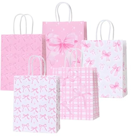 Lot de 5 Ruban Rose Sac Cadeau, 21 x 15 x 8 cm Sac Kraft Avec Poignée, Pochette Cadeau Avec Poignées, Sacs Cadeaux Pour Anniversaire Enfant, Mariage, Baby Shower, Fête