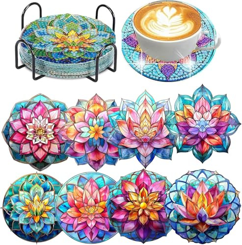8 Stück Diamond Painting Untersetzer mit Halter - DIY Diamant Painting Set für Erwachsene & Kinder - Rund Mandala & Hund Motive Tassenuntersetzer