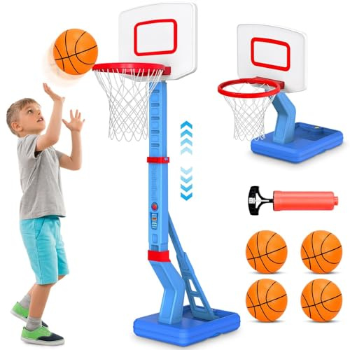 Kids Adjustable Basketball Hoop and Stand 5-Level (2.3-4.5FT/70-138cm), Indoor Outdoor Sport Toy with 4 Balls & Pump, Birthday Gift for Boys Girls 3-8 Years-Blue