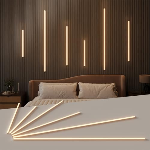 LED Recessed Lighting Kit - FamtaCare 6Pcs Self-Adhesive Silver LED Strip Lights for Interior Wood Slat Wall. Dimmable 3000K Wall Panel Lamps with Touch Control for Stairs & Home Decor