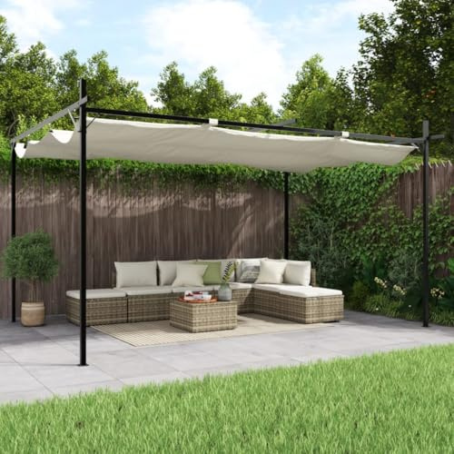 Mokuyary Pergola con Tetto retrattile crema 395x292x230 cm, Padiglione da Giardino per Terrazza, Esterno, Barbecue, Eventi, Feste