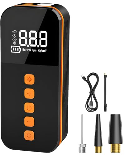 Chewtoyo Trådlös bärbar luftpump, elektrisk däckuppblåsare med LED-skärm, USB-utgång, 4 tryckenheter, 3 munstycken
