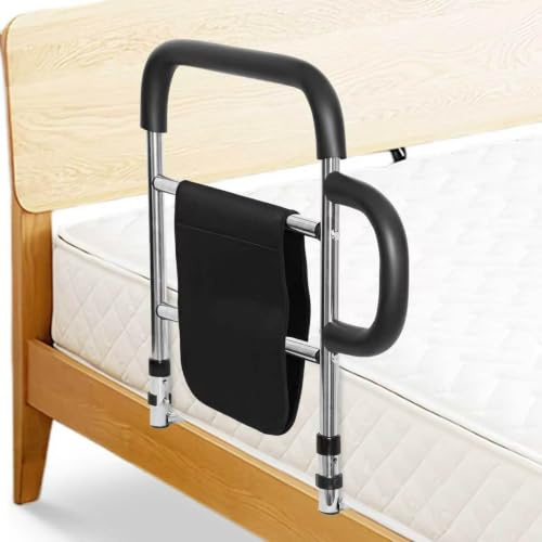 Bed Rail for Elderly Adults, Height Adjustable Bed Guard Bar with Handles | Non-Slip Bedside Safety Grab Bar | with Storage Pocket | Bedside Support Rail | for Seniors Disabled Pregnant Women