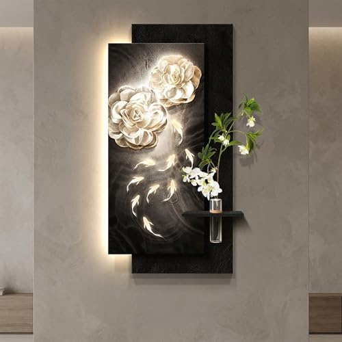 Arte de Pared 3D LED de Arenisca Texturizada, Diseño Floral y Nueve Peces, Alimentación Enchufable, Jarrón de Vidrio con Planta Artificial(50x100cm(19.7x39.4in),G)