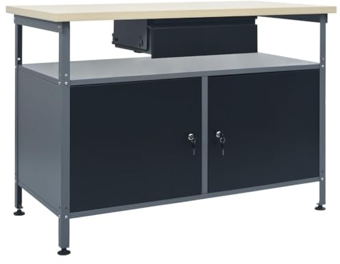 Runheo Arbetsbänk av stål 120 x 60 x 85 cm svart med låda, höjdjusterbara fötter, verktygsförvaring, skåp, perfekt för verkstad, garage, hemmafixare