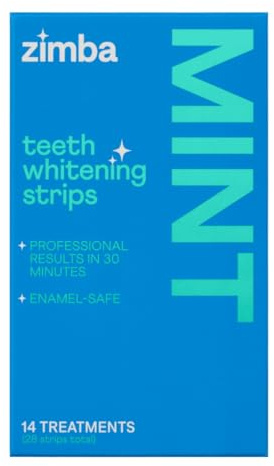 Zimba Teeth Whitening Strips Vegan Whitening Strip Enamel Safe Teeth Whitening Hydrogen Peroxide Teeth Whitener for Coffee, Wine, Tobacco, and Other Stains, 28 Strips (14 Day Treatment), Mint