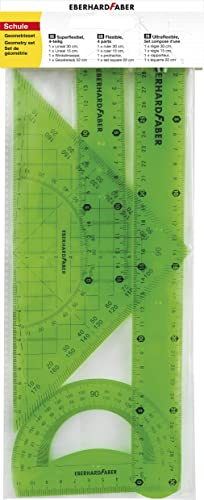 Eberhard Faber 570005 - Juego de geometría con 2 reglas (de aprox. 15 cm y aprox. 30 cm de largo), transportador y escuadra de aprox. 22 cm de largo, de plástico, irrompible