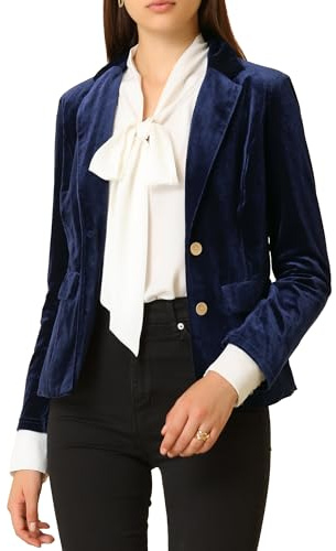 Allegra K Donna Giacca Blazer Vintage in Velluto con Bottoni e Tasche da Ufficio Collo con Revers Blu Scuro L