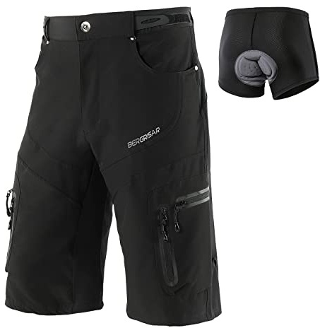 BERGRISAR Culotte Ciclismo Hombre Pantalon MTB y Bicicletas de montaña, Bolsillos con Cremallera, Resistente al Agua, Transpirables 1806BG, Acolchado extraíble Negro, Large