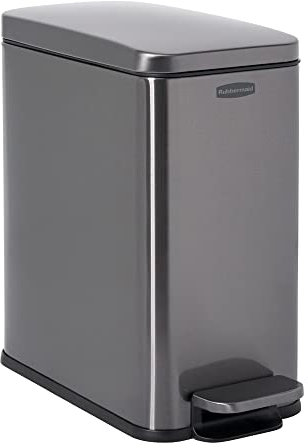 Rubbermaid Stainless Steel Slim Step-On Trash Can for Home and Bathroom, 2.6 Gallon, Charcoal