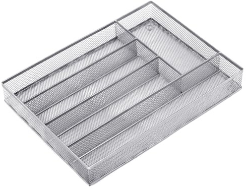 Neudeco Silverware Drawer Organizer - 5 Compartment Cutlery Tray with Non-Slip Feet, Mesh Wire Flatware Storage Divider for Kitchen, Bedroom, Living Room (Silver)